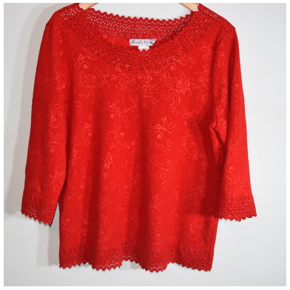 Rebecca Malone Women’s Red Textured/Open Hole Design on Hem Collar Blouse - Sz L